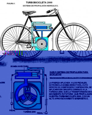 TURBOBICICLETA 2000<br /><br />OBJETO DE ESTUDIO. Fig 1 y 2<br />La bicicleta es un vehiculo de transporte de propulsión humana, es decir, propulsado por el propio viajero, cuyo sistema de transmisión de fuerza, consta basicamente de pedal, biela, estrella, cadena y piñon, desde hace 115 años.<br /><br />NUESTRA PROPUESTA .Fig 3<br />Cambiar el sistema de transmisión de fuerza, que quedará basicamente compuesto por pedal, cable,  bomba inyectora, Turbina 2000, estrella, cadena, piñon.<br /><br />FUNCIONAMIENTO. Fig 3<br />El pedaleo en vertical de este nuevo sistema producirá un efecto inyector en la Turbina 2000, la cual se encargará de transformar la fuerza aplicada al pedal, en la fuerza motriz que propulsará la bicicleta, y que para distinguirla de la bicicleta convencional la llamaremos Turbobicicleta 2000. <br /><br />RENDIMIENTO. Fig 4 y 5<br />Teniendo en cuenta que la presión ejercida sobre un fluido se transmite en todas direcciones con igual intensidad, deducimos que la fuerza ejercida sobre el pedal, se transmitirá con igual intensidad al embolo de la bomba inyectora, y esta, la transformará en un fluido a presión que será inyectado en la Turbina 2000, cuya pala-piston la transformará en movimiento rotativo, con la eficiencia mecánica que la caracteriza:  http://redtt.apte.org/rib/view_od?od_id=9960  , y que para una mejor comprensión lo hemos representado gráficamente en las Fig. 4 y 5.<br /><br />OBJETIVO DE ESTA PUBLICACIÓN.<br />Buscamos fabricantes o emprendedores, que se sientan interesados en la fabricación y comercialización de la Turbobicicleta 2000. Para lo cual, nos ponemos a su disposición a traves de nuestro email: mgarciaf4@hotmail.com